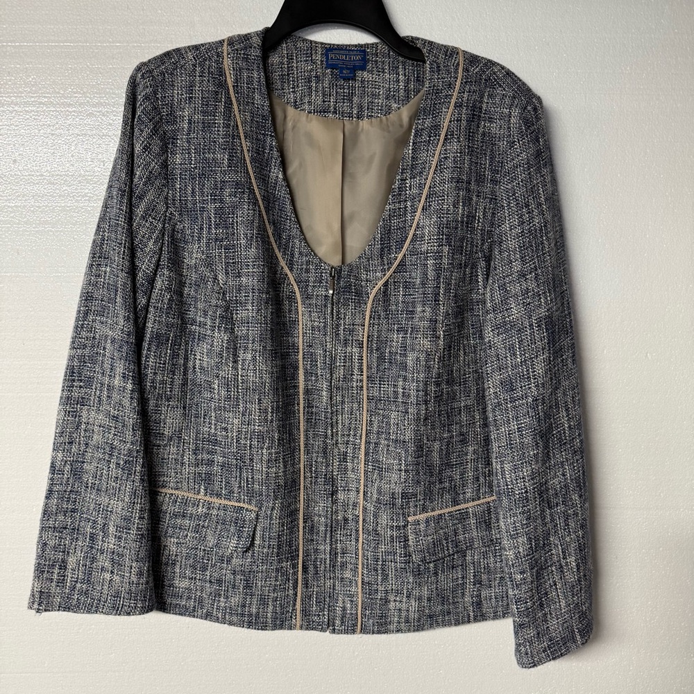 Pendleton Jacket Women 16W Deep V Neck Zip Up Tweed Multicolor Business Casual